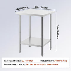 Stainless Steel Prep Table, 24 x 24 x 34 Inch, Heavy Duty Metal Worktable with 3 Adjustable Height Levels, Commercial Workstation for Kitchen Garage Restaurant Backyard