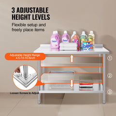 24 x 48 x 36 Inch Stainless Steel Work Table, Commercial Food Prep Worktable Heavy Duty Prep Worktable, Metal Work Table with Adjustable Height for Restaurant, Home and Hotel