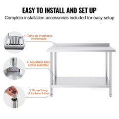 24 x 48 x 36 Inch Stainless Steel Work Table, Commercial Food Prep Worktable Heavy Duty Prep Worktable, Metal Work Table with Adjustable Height for Restaurant, Home and Hotel