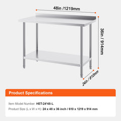 24 x 48 x 36 Inch Stainless Steel Work Table, Commercial Food Prep Worktable Heavy Duty Prep Worktable, Metal Work Table with Adjustable Height for Restaurant, Home and Hotel