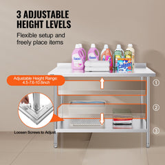 24 x 48 x 36 Inch Stainless Steel Work Table, Commercial Food Prep Worktable Heavy Duty Prep Worktable, Metal Work Table with Adjustable Height for Restaurant, Home and Hotel