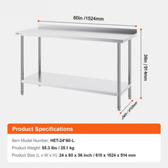 24 x 60 x 36 Inch Stainless Steel Work Table, Commercial Food Prep Worktable Heavy Duty Prep Worktable, Metal Work Table with Adjustable Height for Restaurant, Home and Hotel
