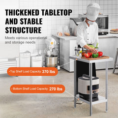 Stainless Steel Prep Table, 24 x 18 x 34 Inch, Heavy Duty Metal Worktable with 3 Adjustable Height Levels, Commercial Workstation for Kitchen Garage Restaurant Backyard