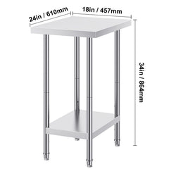 Stainless Steel Prep Table, 24 x 18 x 34 Inch, Heavy Duty Metal Worktable with 3 Adjustable Height Levels, Commercial Workstation for Kitchen Garage Restaurant Backyard