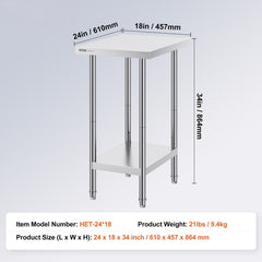 Stainless Steel Prep Table, 24 x 18 x 34 Inch, Heavy Duty Metal Worktable with 3 Adjustable Height Levels, Commercial Workstation for Kitchen Garage Restaurant Backyard