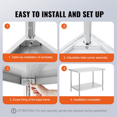 Stainless Steel Prep Table, 30 x 48 x 34 Inch, Heavy Duty Metal Worktable with 3 Adjustable Height Levels, Commercial Workstation for Kitchen Garage Restaurant Backyard