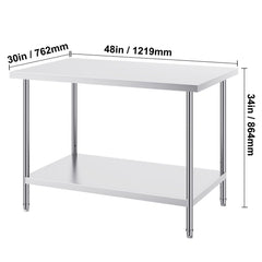Stainless Steel Prep Table, 30 x 48 x 34 Inch, Heavy Duty Metal Worktable with 3 Adjustable Height Levels, Commercial Workstation for Kitchen Garage Restaurant Backyard