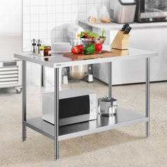 Stainless Steel Prep Table, 30 x 48 x 34 Inch, Heavy Duty Metal Worktable with 3 Adjustable Height Levels, Commercial Workstation for Kitchen Garage Restaurant Backyard