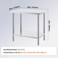 Stainless Steel Prep Table, 24 x 36 x 34 Inch, Heavy Duty Metal Worktable with 3 Adjustable Height Levels, Commercial Workstation for Kitchen Garage Restaurant Backyard