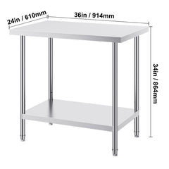 Stainless Steel Prep Table, 24 x 36 x 34 Inch, Heavy Duty Metal Worktable with 3 Adjustable Height Levels, Commercial Workstation for Kitchen Garage Restaurant Backyard