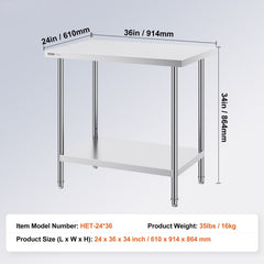 Stainless Steel Prep Table, 24 x 36 x 34 Inch, Heavy Duty Metal Worktable with 3 Adjustable Height Levels, Commercial Workstation for Kitchen Garage Restaurant Backyard