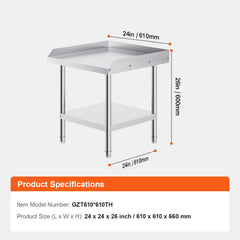 Stainless Steel Work Table, 24 x 24 x 26 Inch Commercial Food Prep Worktable, 3-Sided Backsplash Heavy Duty Prep Worktable, Metal Work Table with Adjustable Height for Restaurant Home Hotel