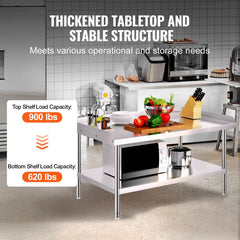Stainless Steel Work Table, 762 x 1219 x 660 mm Commercial Food Prep Worktable, 3-Sided Backsplash Heavy Duty Prep Worktable, Metal Work Table with Adjustable Height for Restaurant Home Hotel