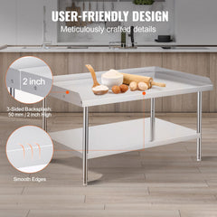 Stainless Steel Work Table, 762 x 1219 x 660 mm Commercial Food Prep Worktable, 3-Sided Backsplash Heavy Duty Prep Worktable, Metal Work Table with Adjustable Height for Restaurant Home Hotel