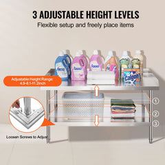 Stainless Steel Work Table, 762 x 1219 x 660 mm Commercial Food Prep Worktable, 3-Sided Backsplash Heavy Duty Prep Worktable, Metal Work Table with Adjustable Height for Restaurant Home Hotel