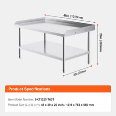 Stainless Steel Work Table, 762 x 1219 x 660 mm Commercial Food Prep Worktable, 3-Sided Backsplash Heavy Duty Prep Worktable, Metal Work Table with Adjustable Height for Restaurant Home Hotel