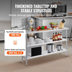 Stainless Steel Food Prep Table, 356 x 1524 x 864 mm Commercial Kitchen Worktable, with 2 Adjustable Undershelf, Heavy Duty Prep Table Metal Work Table for BBQ, Kitchen, Home, and Garage