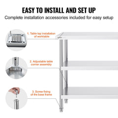 Stainless Steel Food Prep Table, 356 x 1524 x 864 mm Commercial Kitchen Worktable, with 2 Adjustable Undershelf, Heavy Duty Prep Table Metal Work Table for BBQ, Kitchen, Home, and Garage