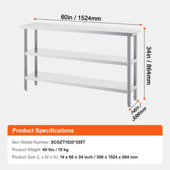 Stainless Steel Food Prep Table, 356 x 1524 x 864 mm Commercial Kitchen Worktable, with 2 Adjustable Undershelf, Heavy Duty Prep Table Metal Work Table for BBQ, Kitchen, Home, and Garage