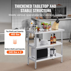 Stainless Steel Food Prep Table, 18 x 36 x 34 Inch Commercial Kitchen Worktable, with 2 Adjustable Undershelf, Heavy Duty Prep Table Metal Work Table for BBQ, Kitchen, Home, and Garage