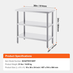 Stainless Steel Food Prep Table, 18 x 36 x 34 Inch Commercial Kitchen Worktable, with 2 Adjustable Undershelf, Heavy Duty Prep Table Metal Work Table for BBQ, Kitchen, Home, and Garage