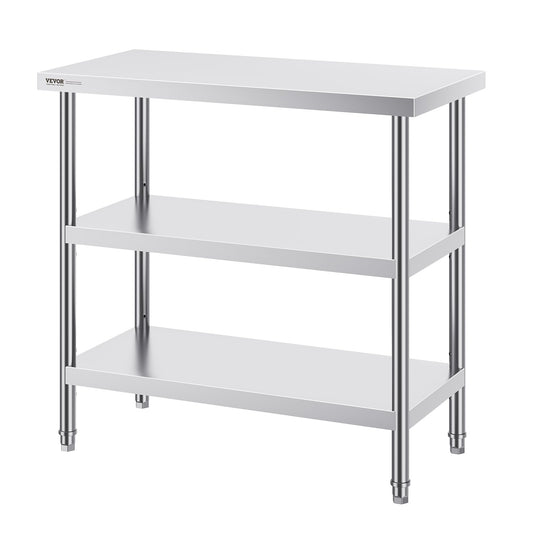 Stainless Steel Food Prep Table, 18 x 36 x 34 Inch Commercial Kitchen Worktable, with 2 Adjustable Undershelf, Heavy Duty Prep Table Metal Work Table for BBQ, Kitchen, Home, and Garage
