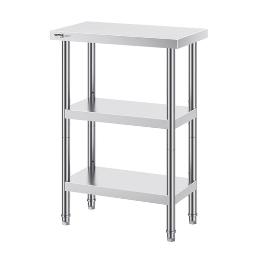 Stainless Steel Food Prep Table, 14 x 24 x 34 Inch Commercial Kitchen Worktable, with 2 Adjustable Undershelf, Heavy Duty Prep Table Metal Work Table for BBQ, Kitchen, Home, and Garage