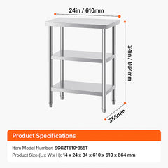 Stainless Steel Food Prep Table, 14 x 24 x 34 Inch Commercial Kitchen Worktable, with 2 Adjustable Undershelf, Heavy Duty Prep Table Metal Work Table for BBQ, Kitchen, Home, and Garage