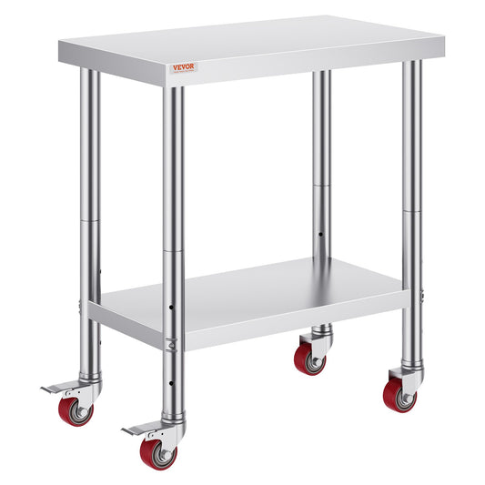 30x18x34 Inch Stainless Steel Work Table 3-Stage Adjustable Shelf with 4 Wheels Heavy Duty Commercial Food Prep Worktable with Brake for Kitchen Prep Work