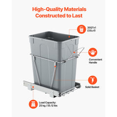 Pullout Trash Can for Kitchen Cabinets, Garbage Waste Recycling Bin, Under Mount Waste Container, with Heavy Duty Metal Full Extension Sliding System and Handle, for Sink, Under Counter