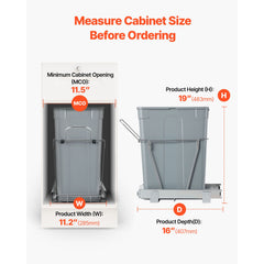 Pullout Trash Can for Kitchen Cabinets, Garbage Waste Recycling Bin, Under Mount Waste Container, with Heavy Duty Metal Full Extension Sliding System and Handle, for Sink, Under Counter