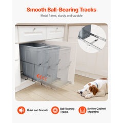 Pullout Trash Can for Kitchen Cabinets, Garbage Waste Recycling Bin, Under Mount Waste Container, with Heavy Duty Metal Full Extension Sliding System and Handle, for Sink, Under Counter