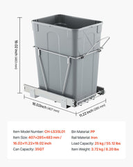 Pullout Trash Can for Kitchen Cabinets, Garbage Waste Recycling Bin, Under Mount Waste Container, with Heavy Duty Metal Full Extension Sliding System and Handle, for Sink, Under Counter