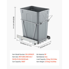 Pullout Trash Can for Kitchen Cabinets, Garbage Waste Recycling Bin, Under Mount Waste Container, with Heavy Duty Metal Full Extension Sliding System and Handle, for Sink, Under Counter