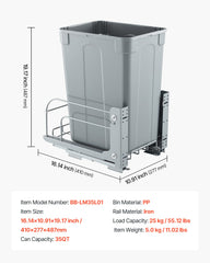 Pullout Trash Can for Kitchen Cabinets, Garbage Waste Recycling Bin, Under Mount Waste Container, with Heavy Duty Metal Soft Close Sliding System and Door Kit, for Sink, Under Counter