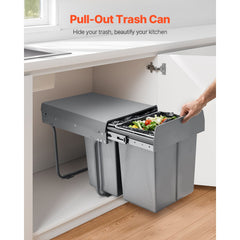 Pullout Trash Can for Kitchen Cabinets, 20+10+10L Double Under Sink Garbage Waste Recycling Bin, Under Mount Waste Container, with Heavy Duty Metal Full Extension Sliding System and Handle