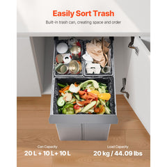 Pullout Trash Can for Kitchen Cabinets, 20+10+10L Double Under Sink Garbage Waste Recycling Bin, Under Mount Waste Container, with Heavy Duty Metal Full Extension Sliding System and Handle
