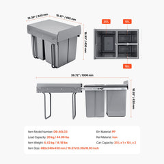Pullout Trash Can for Kitchen Cabinets, 20+10+10L Double Under Sink Garbage Waste Recycling Bin, Under Mount Waste Container, with Heavy Duty Metal Full Extension Sliding System and Handle
