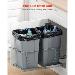 Pullout Trash Can for Kitchen Cabinets,Double Under Sink Garbage Waste Recycling Bin, Under Mount Waste Container, with Heavy Duty Metal Full Extension Sliding System and Handle