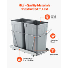 Pullout Trash Can for Kitchen Cabinets,Double Under Sink Garbage Waste Recycling Bin, Under Mount Waste Container, with Heavy Duty Metal Full Extension Sliding System and Handle