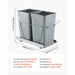 Pullout Trash Can for Kitchen Cabinets,Double Under Sink Garbage Waste Recycling Bin, Under Mount Waste Container, with Heavy Duty Metal Full Extension Sliding System and Handle