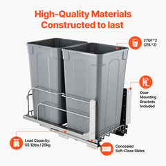 Pull-Out Trash Can, 27 QT x2 Double Under Mount Kitchen Waste Container, Heavy Duty Garbage Recycling Bin with Door Kit and Soft Close Slide, for Kitchen Cabinet, Sink, Under Counter (Grey)