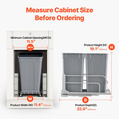 Pull-Out Trash Can, 27 QT x2 Double Under Mount Kitchen Waste Container, Heavy Duty Garbage Recycling Bin with Door Kit and Soft Close Slide, for Kitchen Cabinet, Sink, Under Counter (Grey)