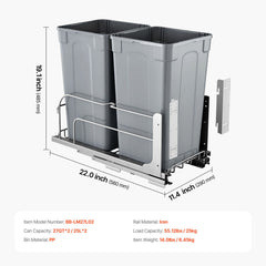 Pull-Out Trash Can, 27 QT x2 Double Under Mount Kitchen Waste Container, Heavy Duty Garbage Recycling Bin with Door Kit and Soft Close Slide, for Kitchen Cabinet, Sink, Under Counter (Grey)