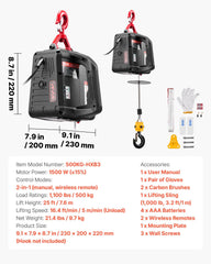 2-in-1 Electric Hoist Winch, 500 kg Capacity, 1500W Portable Power Winch Crane, 7.6 m Lifting Height, 5 m/min with Manual and Wireless Remote Control for Factory, Warehouss, Garage