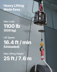 2-in-1 Electric Hoist Winch, 500 kg Capacity, 1500W Portable Power Winch Crane, 7.6 m Lifting Height, 5 m/min with Manual and Wired Remote Control for Factory, Warehouss, Garage