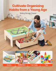 Train Table 100 PCS Wooden Kids Activity Table with Rolling Storage Drawer