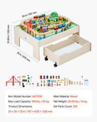 Train Table 100 PCS Wooden Kids Activity Table with Rolling Storage Drawer