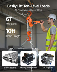 Manual Lever Chain Hoist, 6T 6000KG Capacity Heavy Duty Come Along, 3M Lift G80 Alloy Steel Chain With Dual Pawl Mechanical Brake, 360° Rotating Hooks, for Warehouse Construction Garage