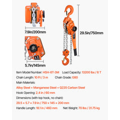 Manual Lever Chain Hoist, 6T 6000KG Capacity Heavy Duty Come Along, 3M Lift G80 Alloy Steel Chain With Dual Pawl Mechanical Brake, 360° Rotating Hooks, for Warehouse Construction Garage